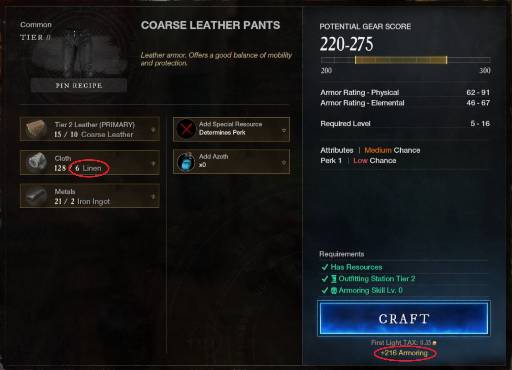 Level up Armoring in New World using tier 2 pants